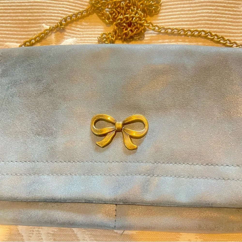 Elegant Dark Blue Green Clutch Purse with Gold Bow